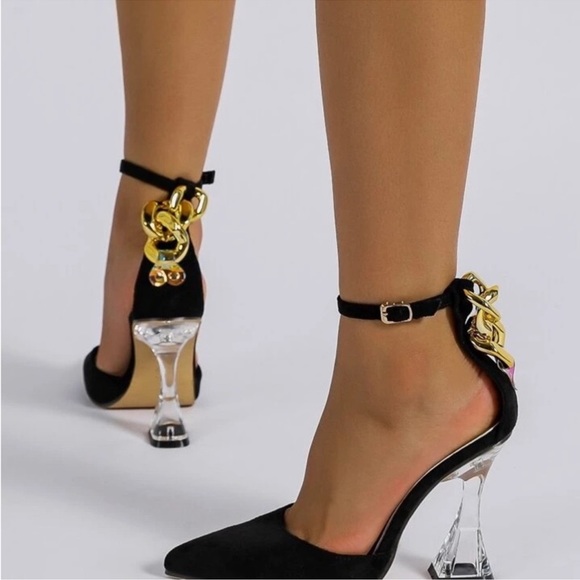 Women’s Black Dorsay Clear Ankle Strap Heels - Picture 1 of 6